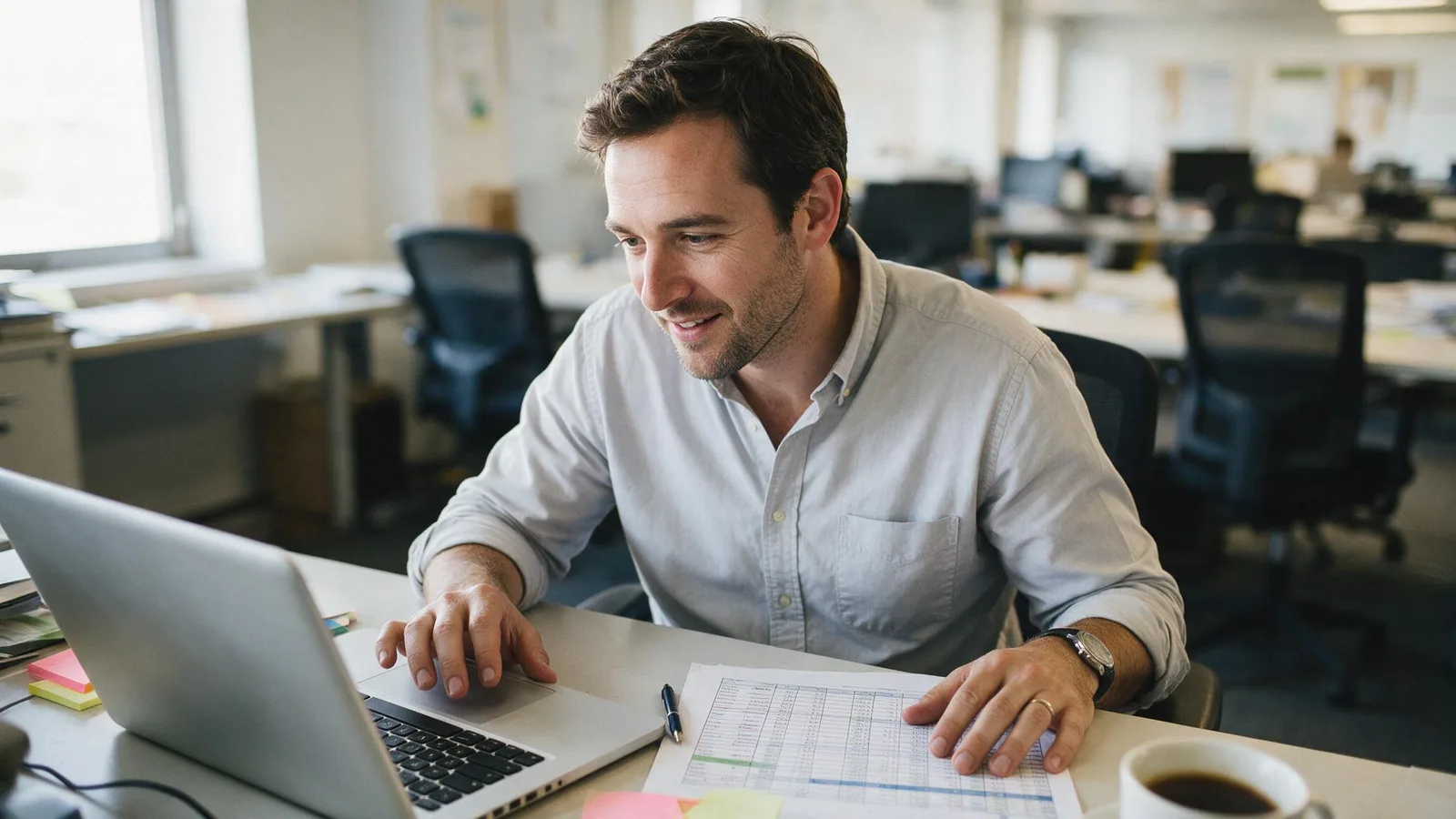 Operations manager working at a laptop in an open plan office, comparing what is on screen against a printed report on the desk