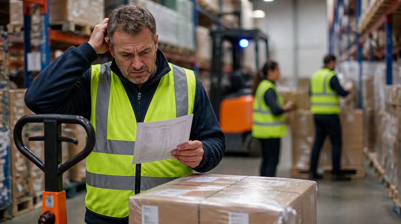 Warehouse supervisor in a high visibility vest checking a printed list against a wrapped pallet, with a forklift and colleagues working behind him