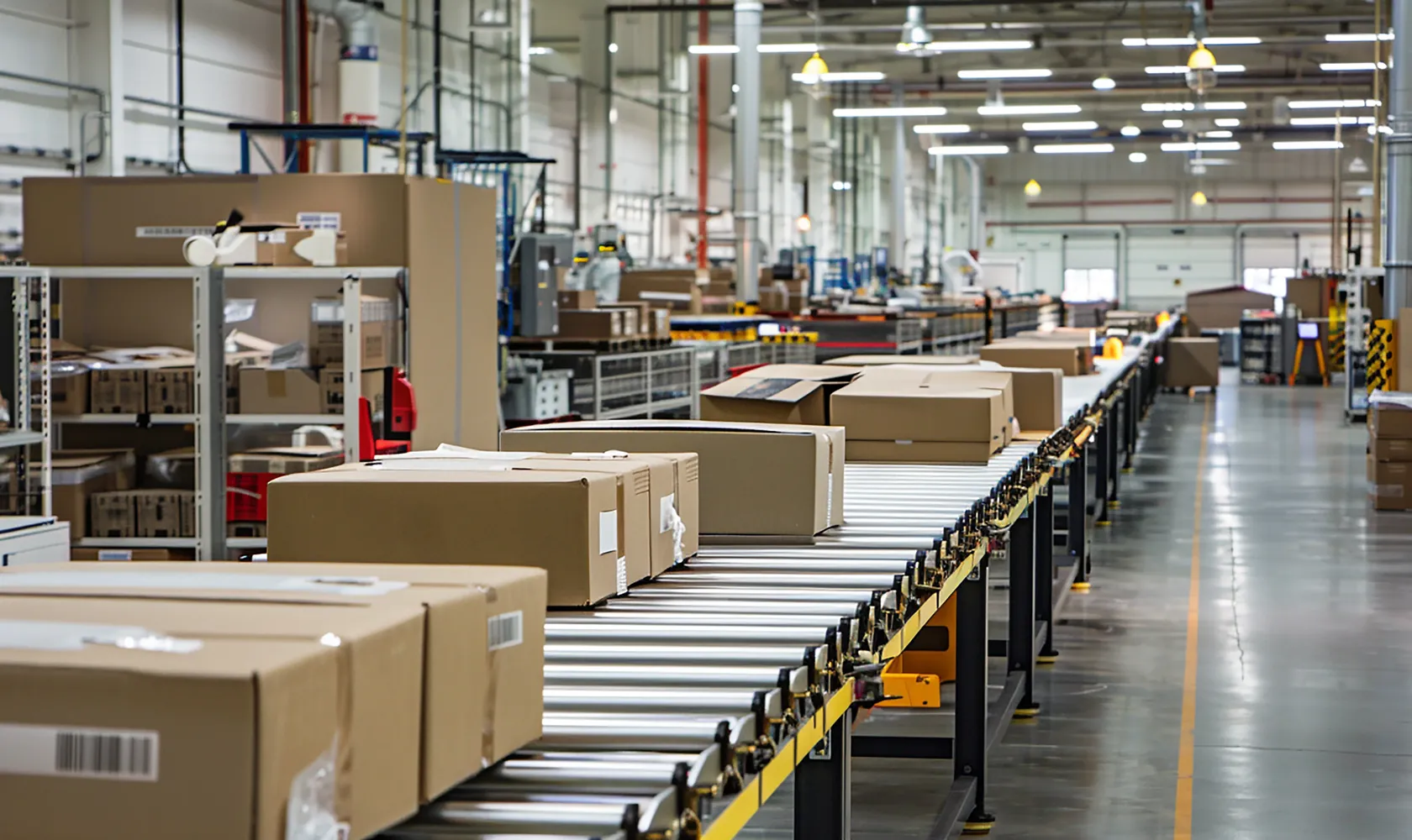 Warehouse floor with stacked inventory boxes and a single highlighted package at center