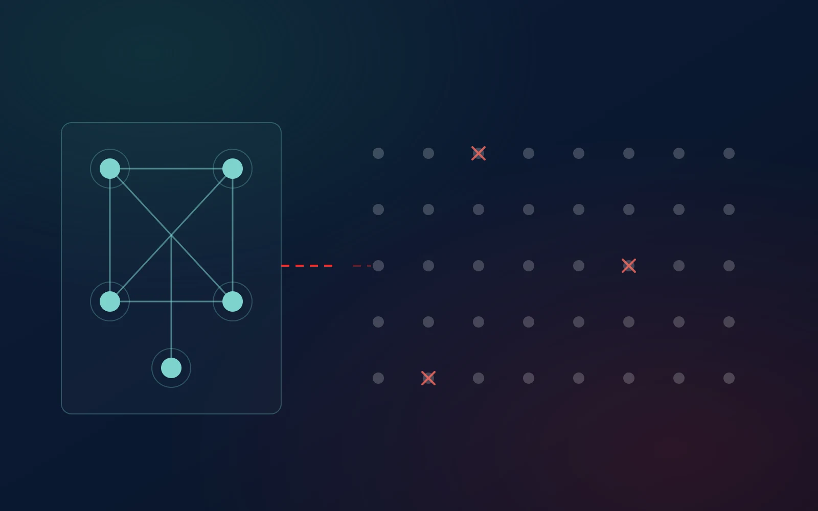 Abstract illustration of an application estate: a small cluster of connected systems beside a much larger field of isolated nodes